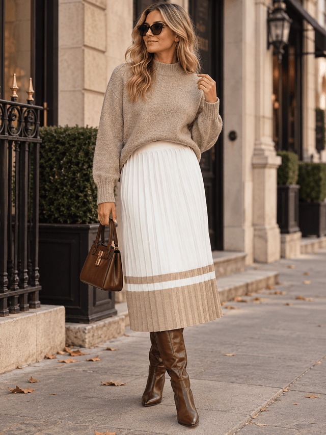Ivory Elastic-Waist Ribbed Colourblock Midi Skirt | 12201289