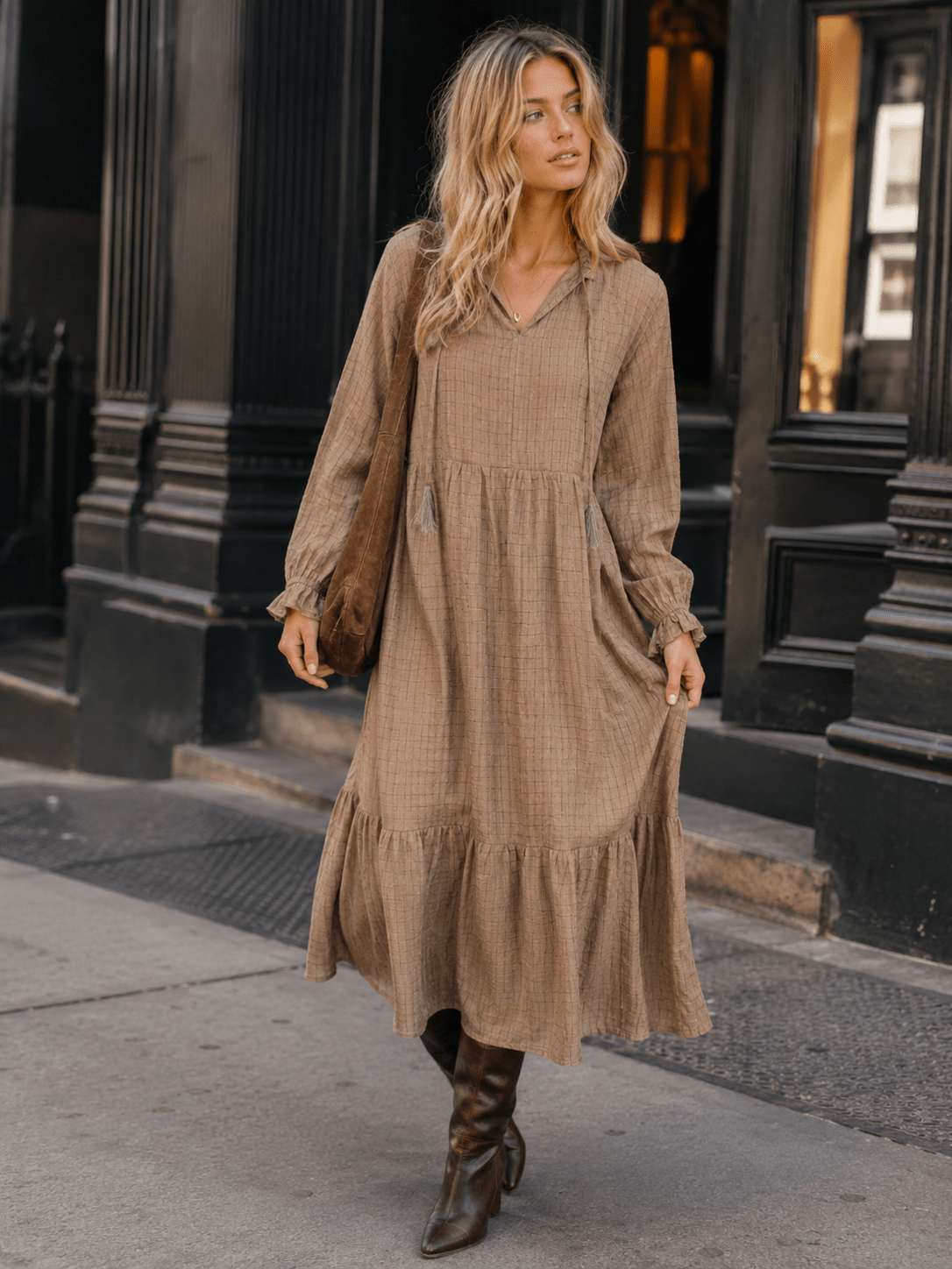 Olive Long-Sleeve V-Neck Tiered Maxi Dress | HD2686