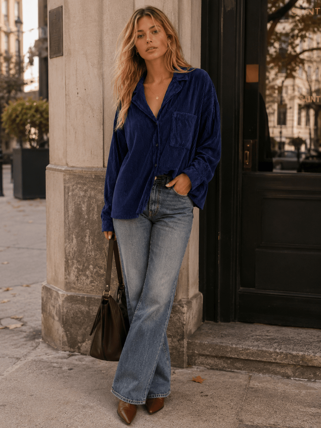 Navy Ribbed Pocket Long-Sleeve Button-Front Blouse | PST7748