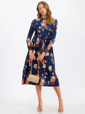 Navy Floral Long-Sleeve Floral Midi Dress | SD3298