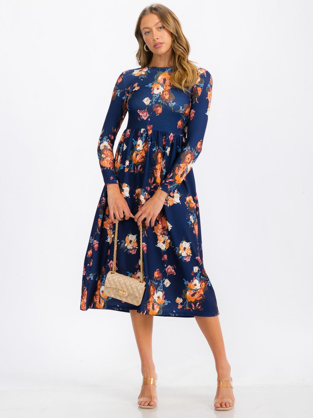 Navy Floral Long-Sleeve Floral Midi Dress | SD3298