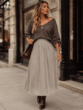 Taupe Elastic-Waist Pleated Pocket Midi Skirt | SK2106