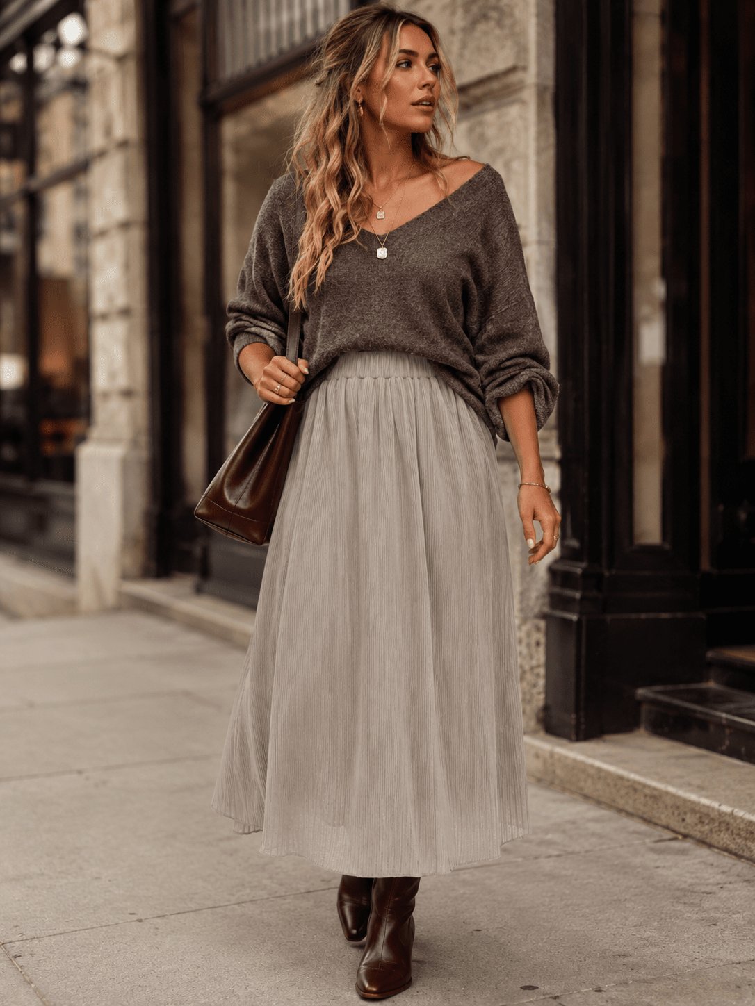 Taupe Elastic-Waist Pleated Pocket Midi Skirt | SK2106