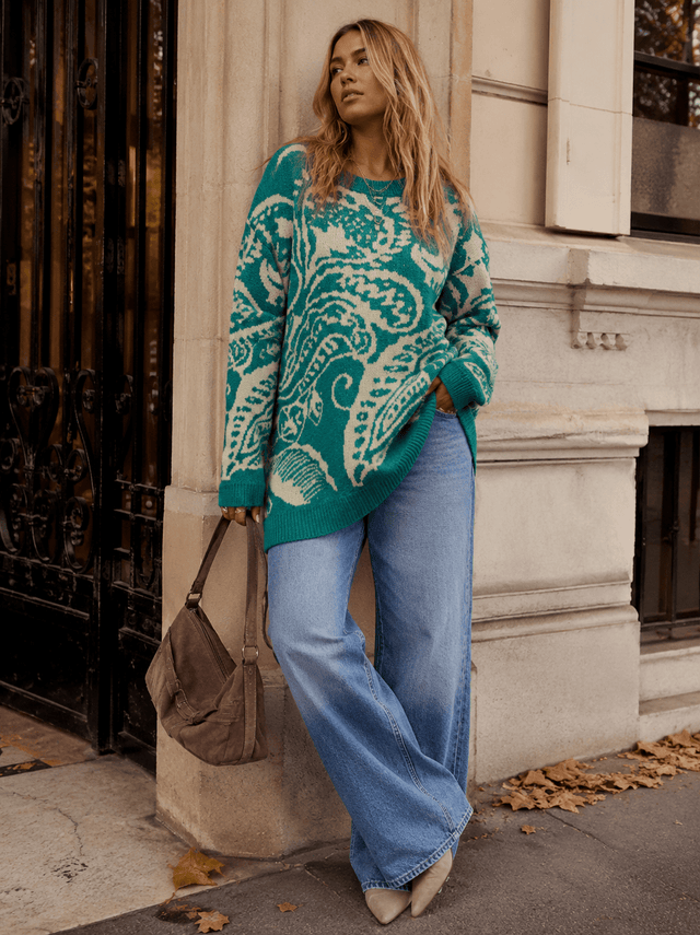 Jade Paisley-Patterned Long-Sleeve Knit Pullover | T22068